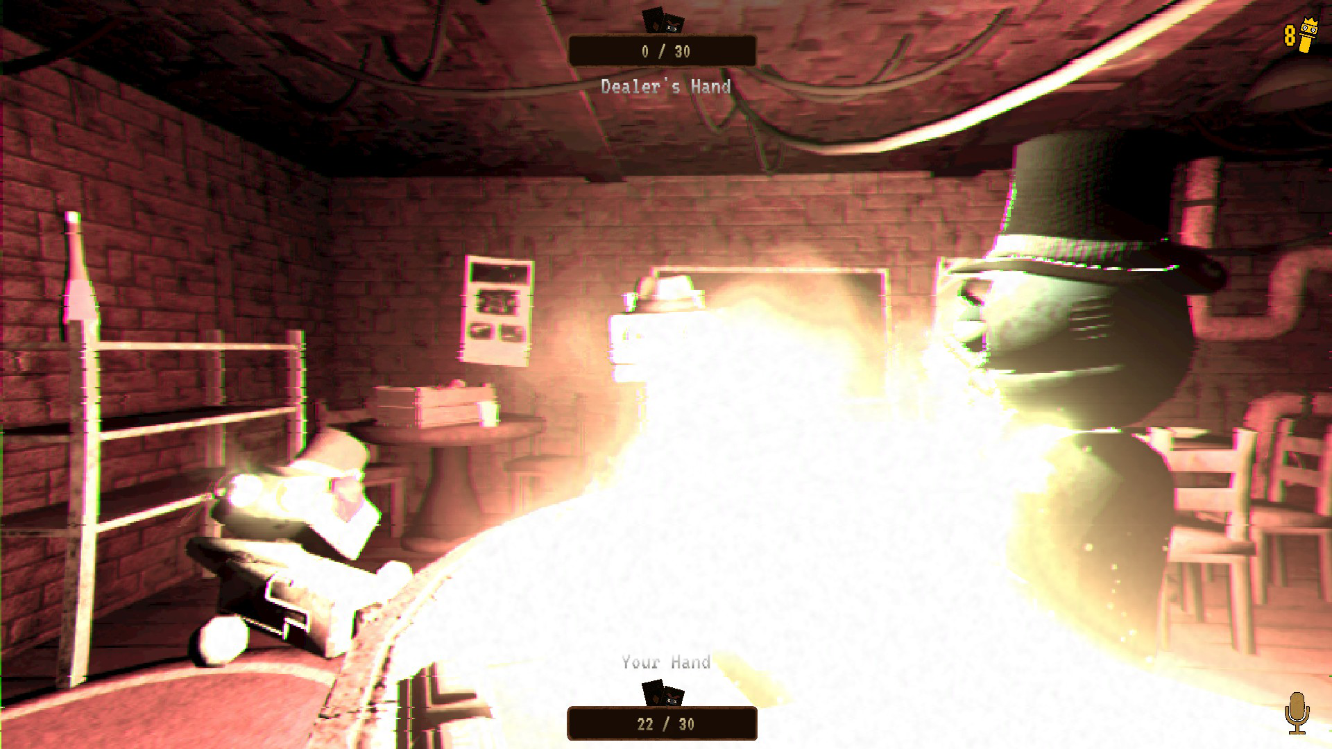 One-In screenshot, a blinding flash at the table