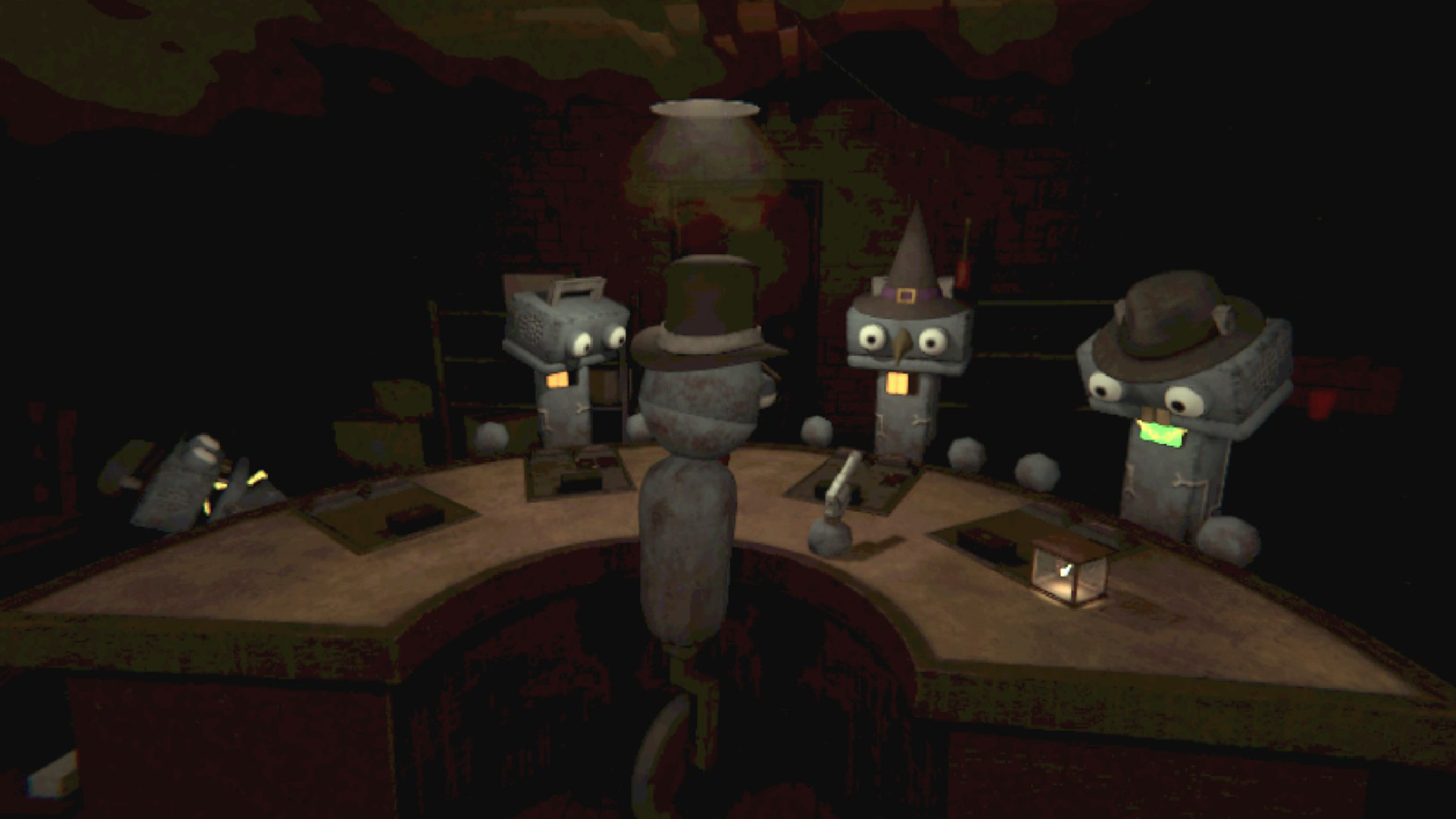 One-In screenshot, robots gathered around the table